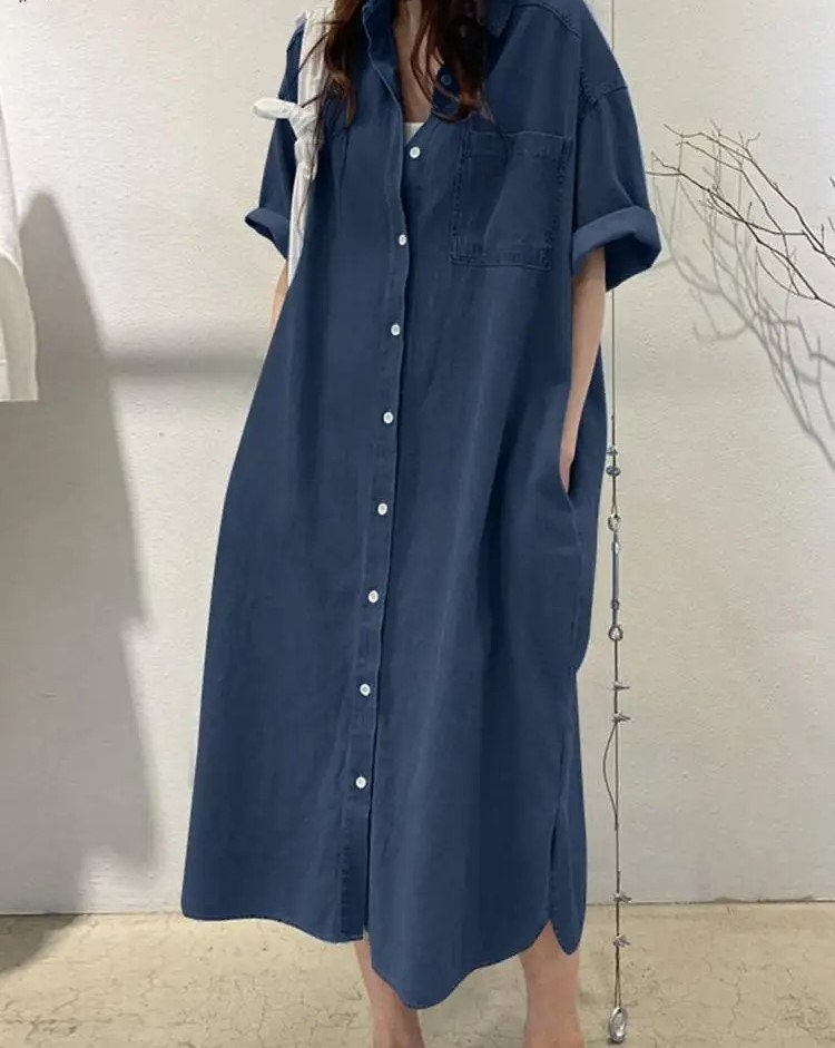 Women Cotton Viscose Denim Blue Dress Summer Short Sleeve Jeans Oversize Casual Sundress Female Robe Work Dresses (PLAESE READ DESCRIPION)