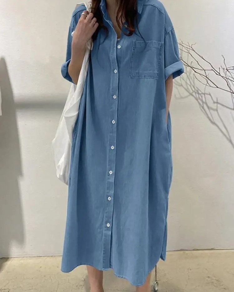 Women Cotton Viscose Denim Blue Dress Summer Short Sleeve Jeans Oversize Casual Sundress Female Robe Work Dresses (PLAESE READ DESCRIPION)