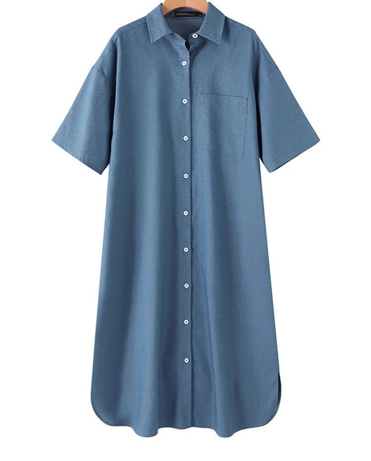 Women Cotton Viscose Denim Blue Dress Summer Short Sleeve Jeans Oversize Casual Sundress Female Robe Work Dresses (PLAESE READ DESCRIPION)
