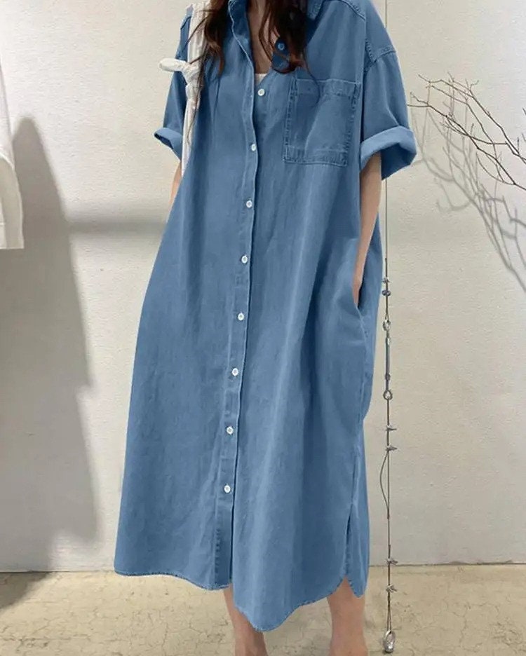 Women Cotton Viscose Denim Blue Dress Summer Short Sleeve Jeans Oversize Casual Sundress Female Robe Work Dresses (PLAESE READ DESCRIPION)
