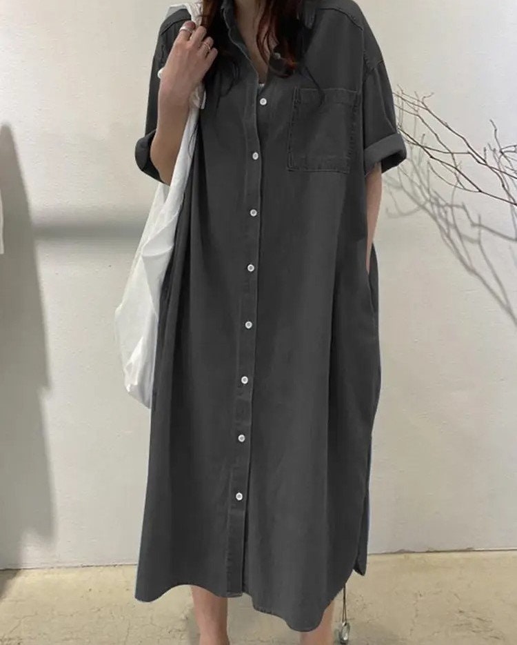 Women Cotton Viscose Denim Blue Dress Summer Short Sleeve Jeans Oversize Casual Sundress Female Robe Work Dresses (PLAESE READ DESCRIPION)