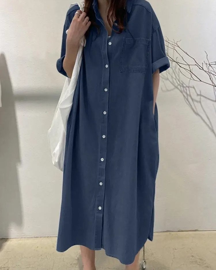 Women Cotton Viscose Denim Blue Dress Summer Short Sleeve Jeans Oversize Casual Sundress Female Robe Work Dresses (PLAESE READ DESCRIPION)