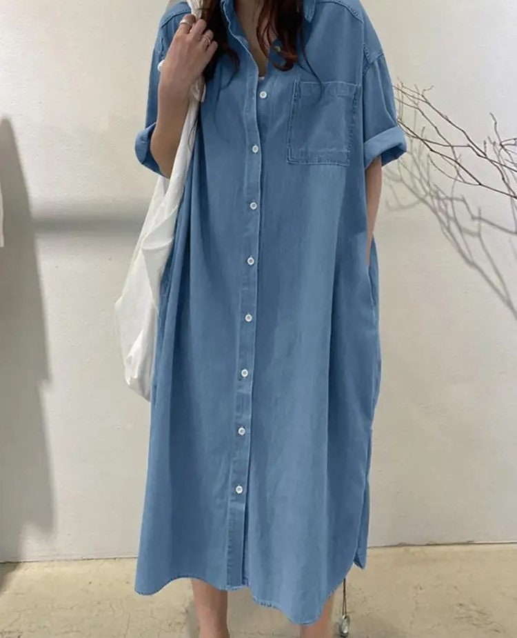 Women Cotton Viscose Denim Blue Dress Summer Short Sleeve Jeans Oversize Casual Sundress Female Robe Work Dresses (PLAESE READ DESCRIPION)
