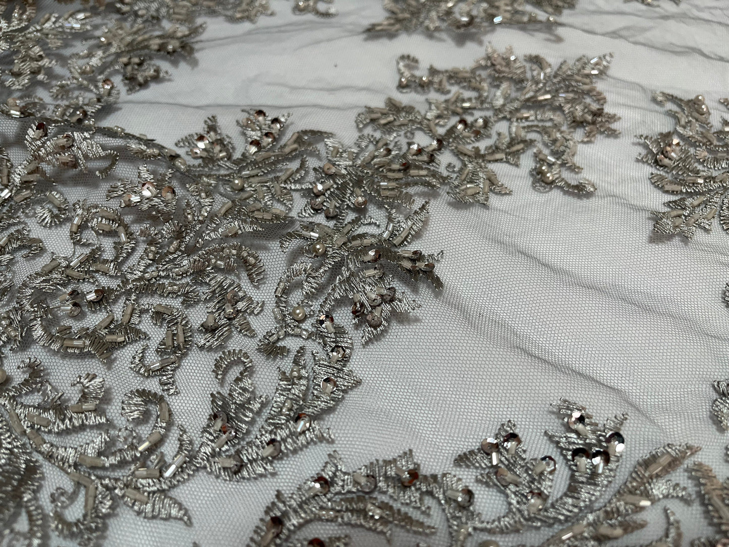 NEW High Class Double Border Damask Grey Embroidered Bead Pearl Sequins Net Trim / Trimming