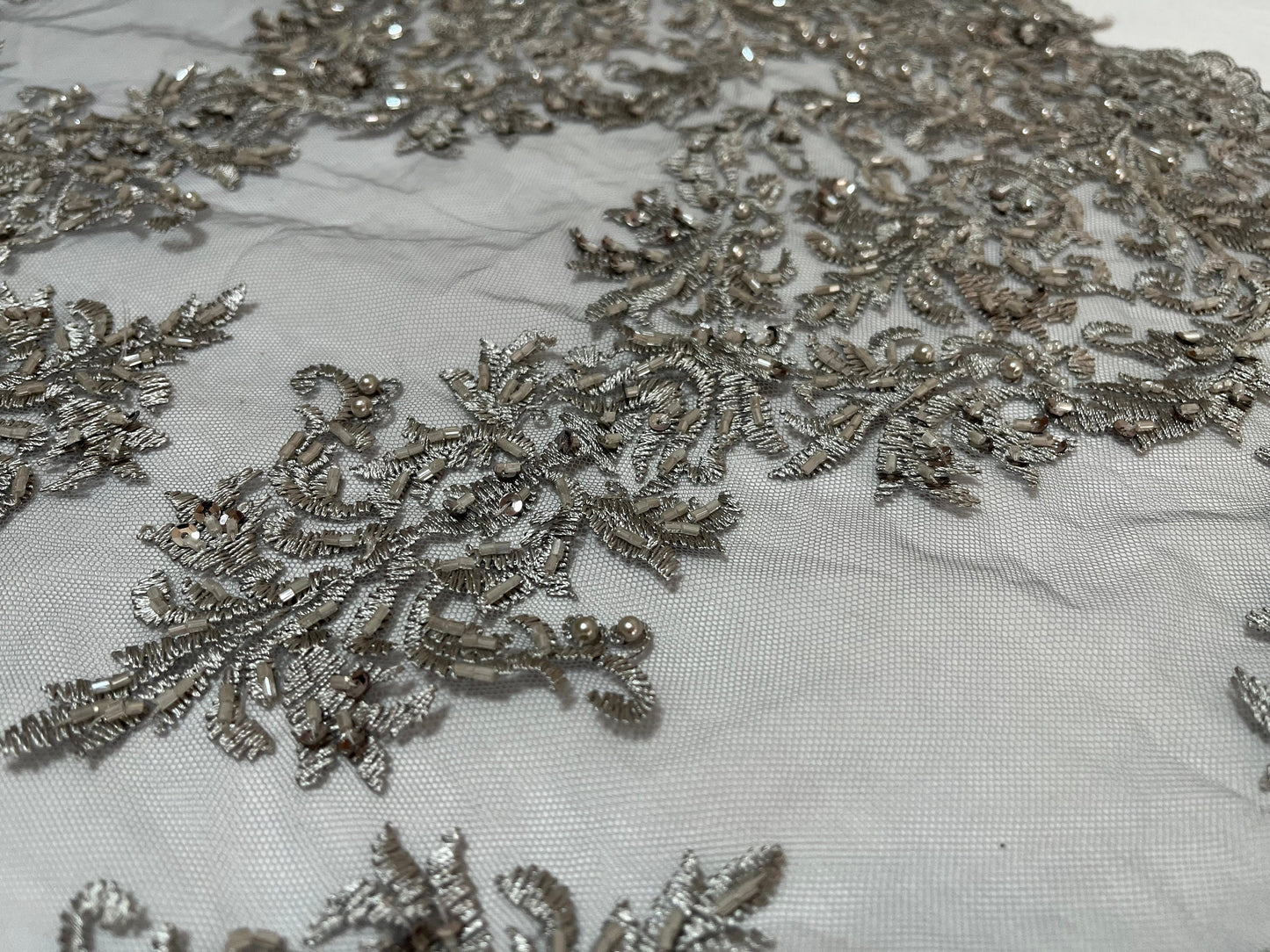 NEW High Class Double Border Damask Grey Embroidered Bead Pearl Sequins Net Trim / Trimming