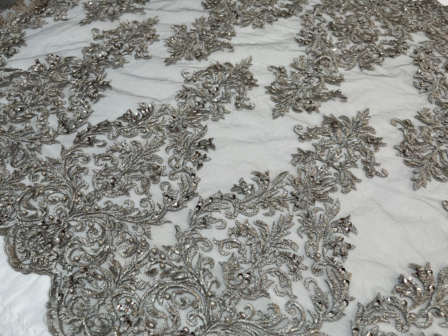 NEW High Class Double Border Damask Grey Embroidered Bead Pearl Sequins Net Trim / Trimming