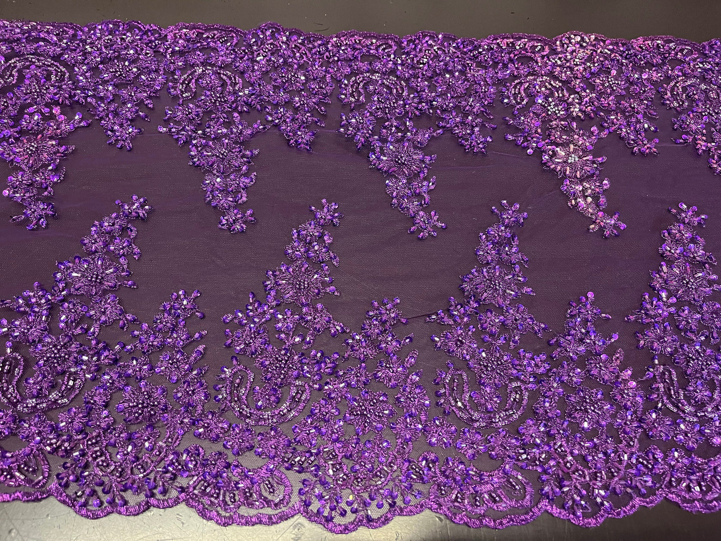 NEW High Class Purple Double Border Embroidered Bead Sequins Pearl Corded Net Trim / Trimming
