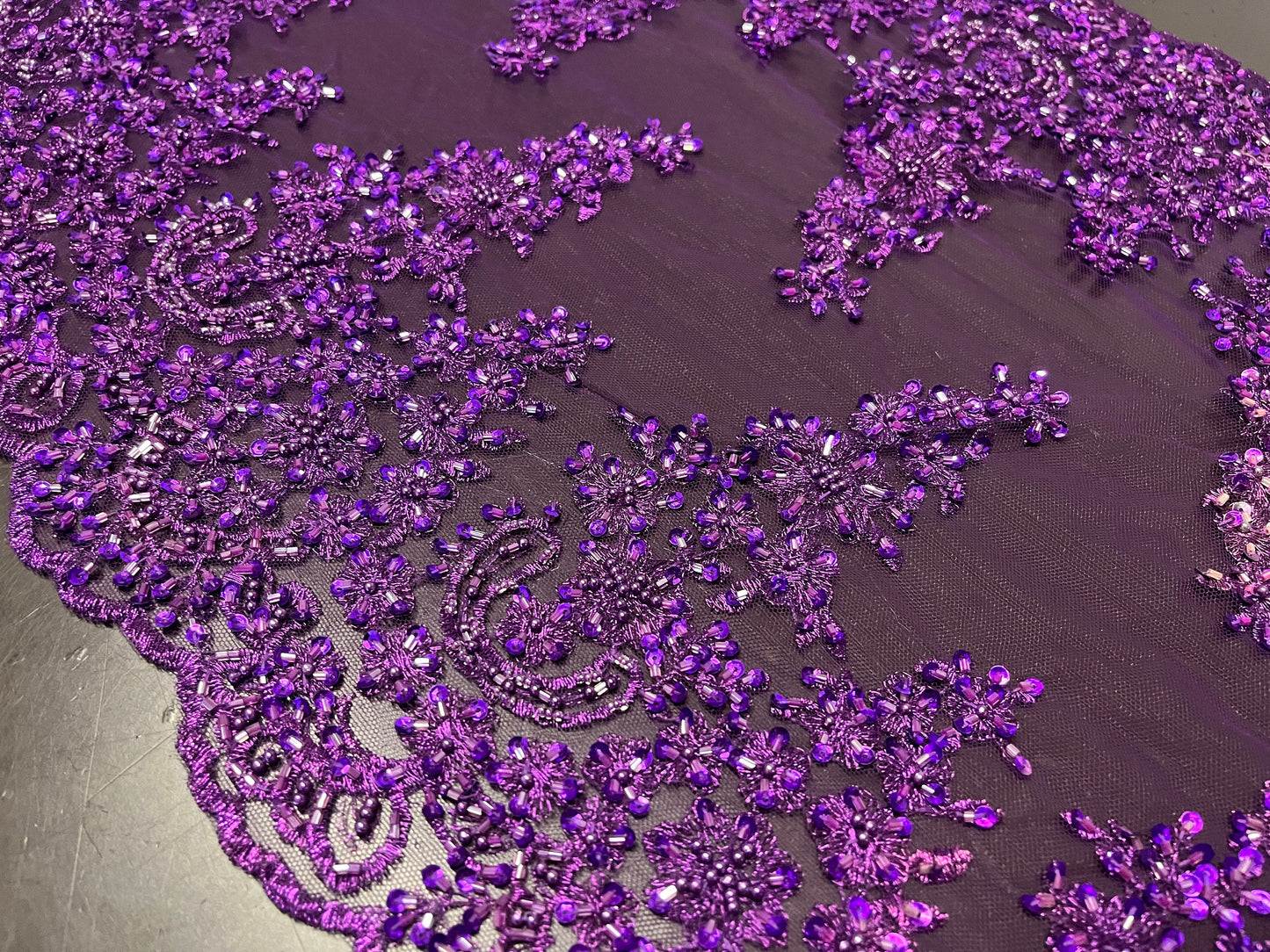 NEW High Class Purple Double Border Embroidered Bead Sequins Pearl Corded Net Trim / Trimming
