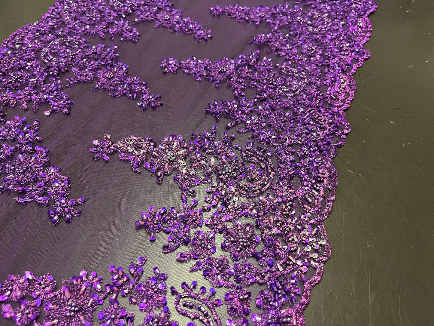 NEW High Class Purple Double Border Embroidered Bead Sequins Pearl Corded Net Trim / Trimming