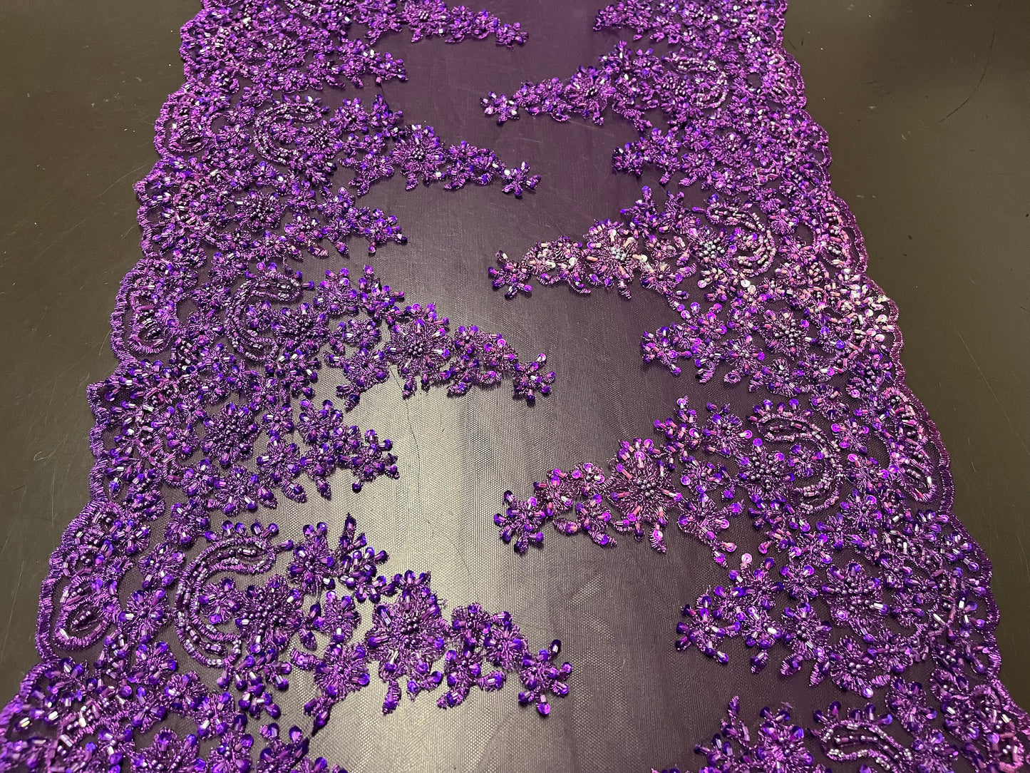 NEW High Class Purple Double Border Embroidered Bead Sequins Pearl Corded Net Trim / Trimming