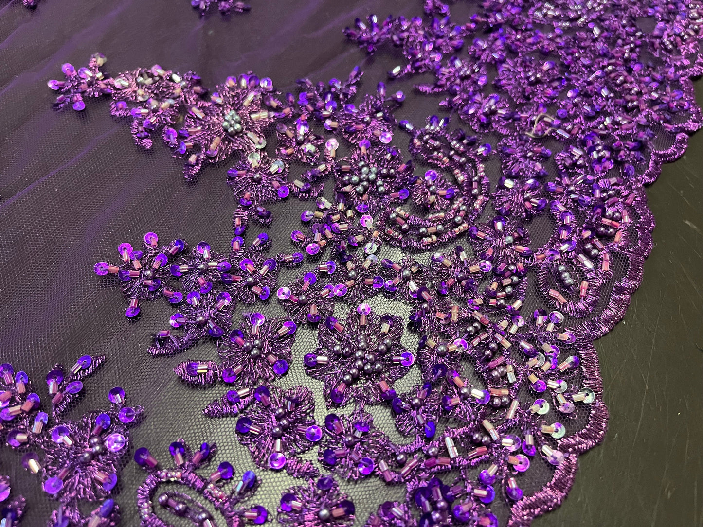 NEW High Class Purple Double Border Embroidered Bead Sequins Pearl Corded Net Trim / Trimming