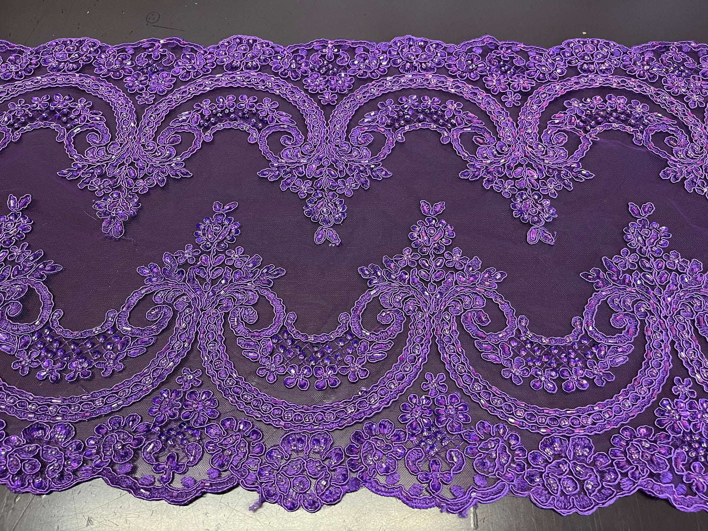 NEW High Class Purple Double Border Embroidered Bead Sequins Corded Net Trim / Trimming