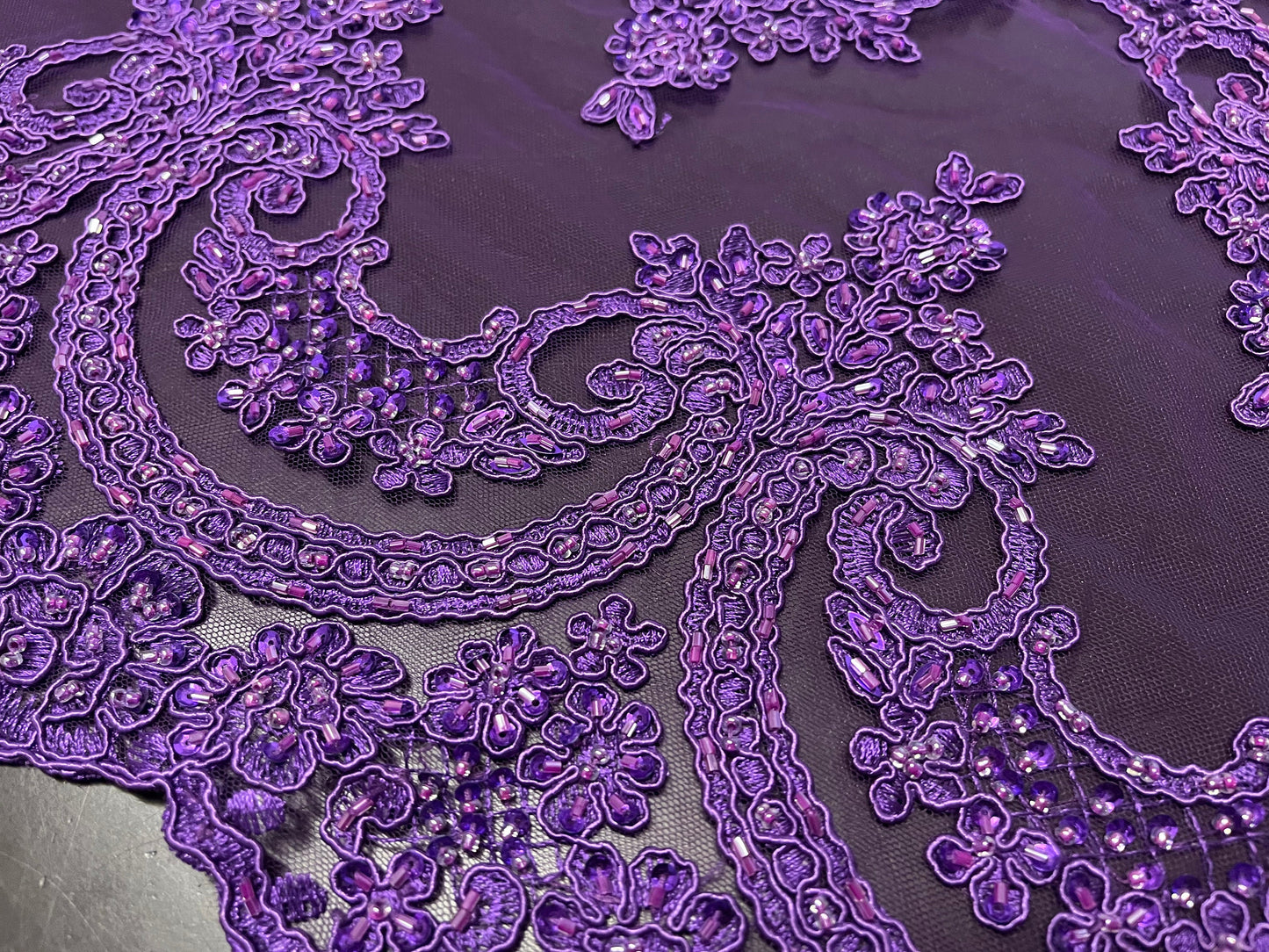 NEW High Class Purple Double Border Embroidered Bead Sequins Corded Net Trim / Trimming