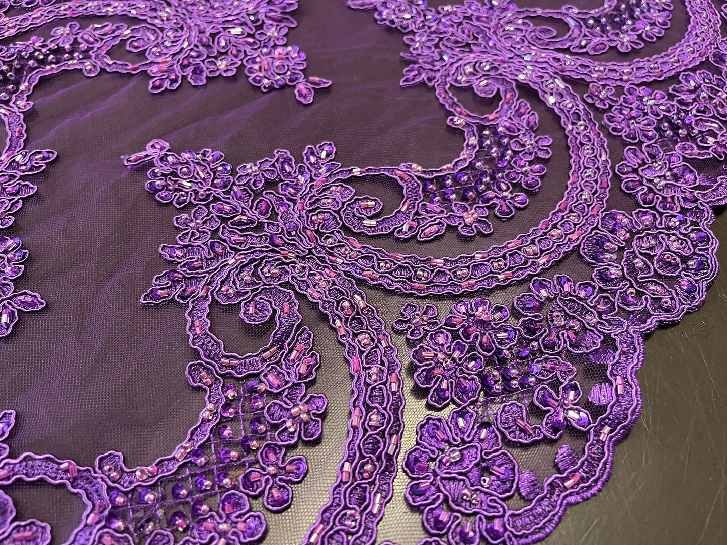 NEW High Class Purple Double Border Embroidered Bead Sequins Corded Net Trim / Trimming