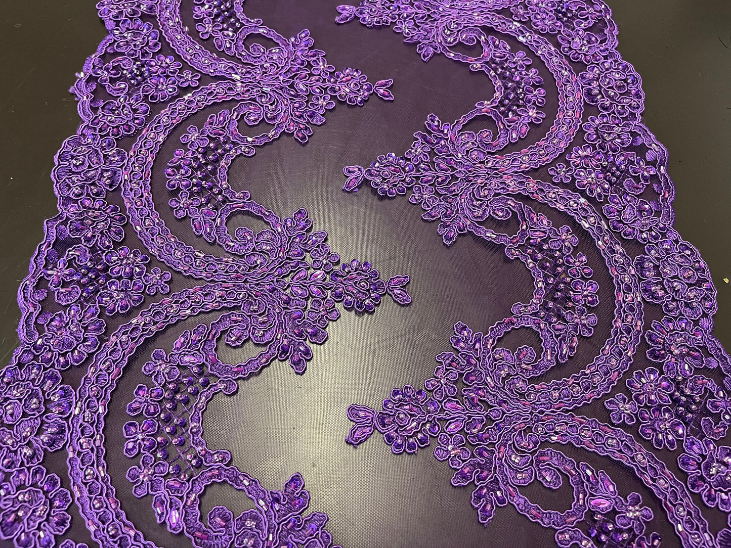 NEW High Class Purple Double Border Embroidered Bead Sequins Corded Net Trim / Trimming