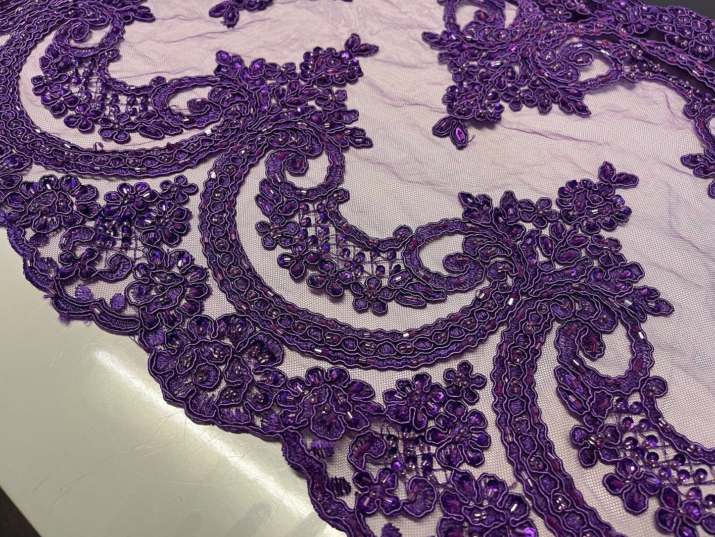 NEW High Class Purple Double Border Embroidered Bead Sequins Corded Net Trim / Trimming