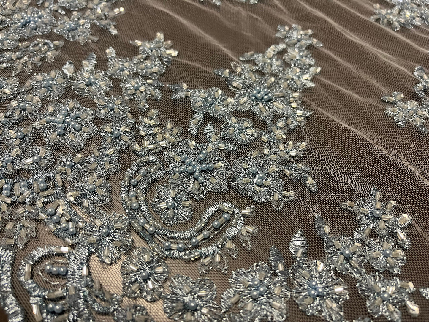 NEW High Class Double Border Embroidered Bead Sequins Pearl Corded Net Trim / Trimming