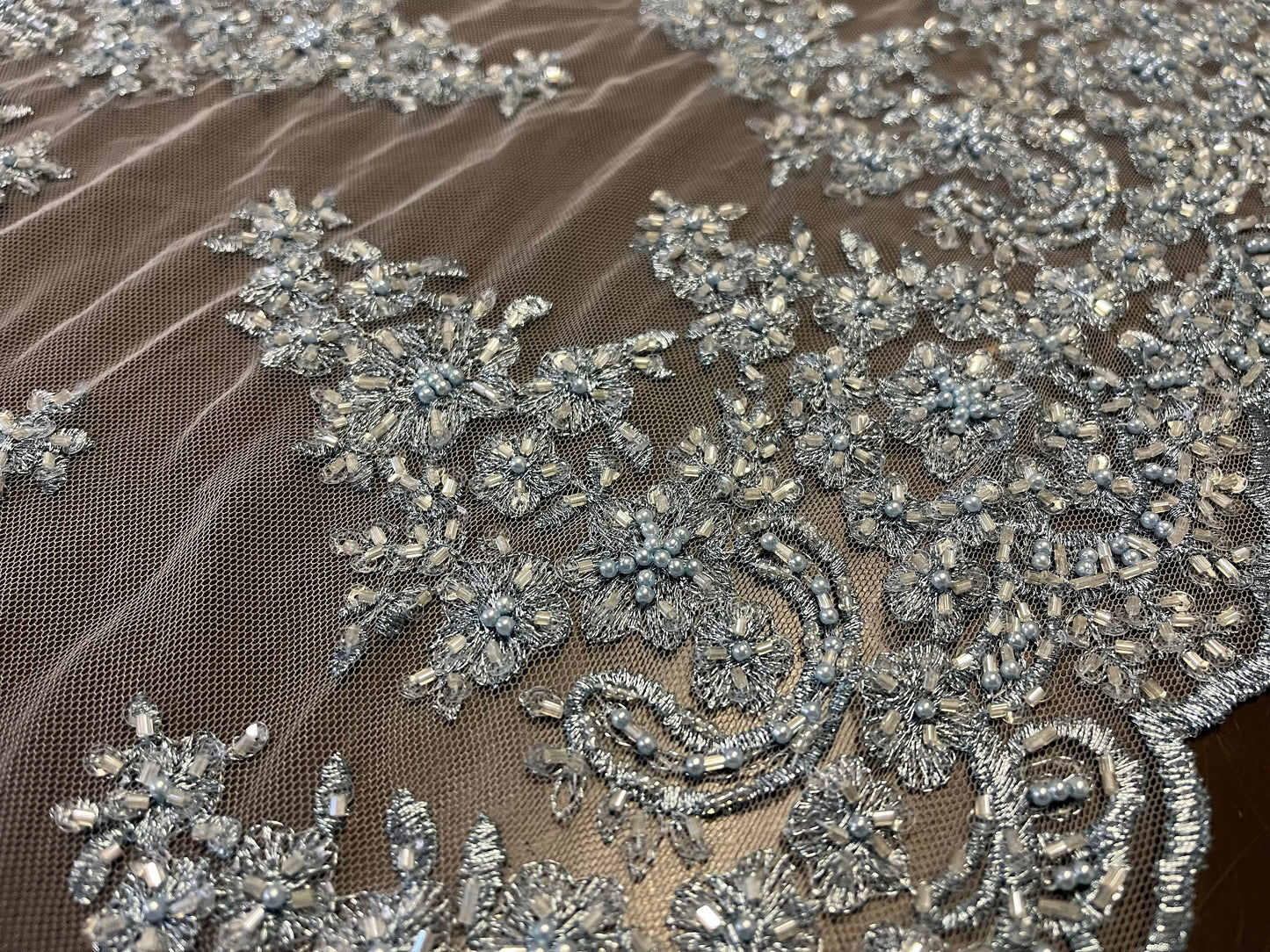NEW High Class Double Border Embroidered Bead Sequins Pearl Corded Net Trim / Trimming