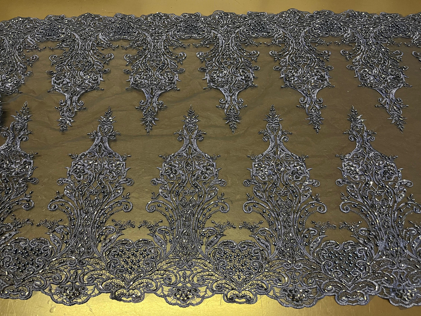 NEW High Class Navy Double Border Damask Embroidered Bead Pearl Sequins Net Trim / Trimming