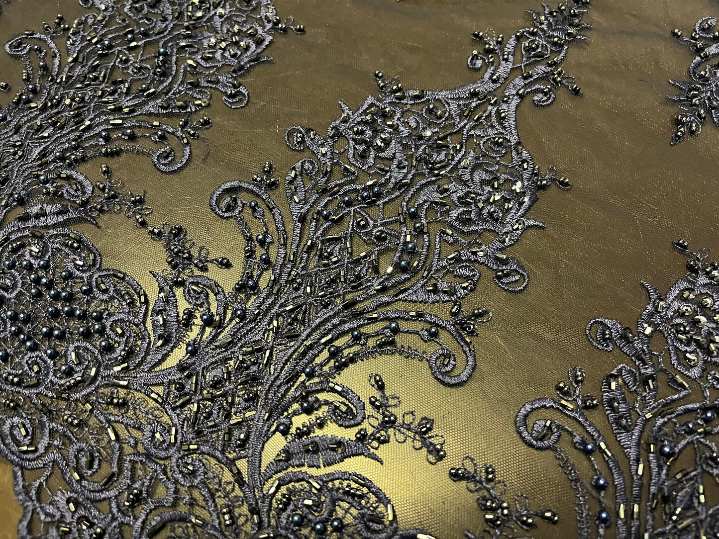 NEW High Class Navy Double Border Damask Embroidered Bead Pearl Sequins Net Trim / Trimming