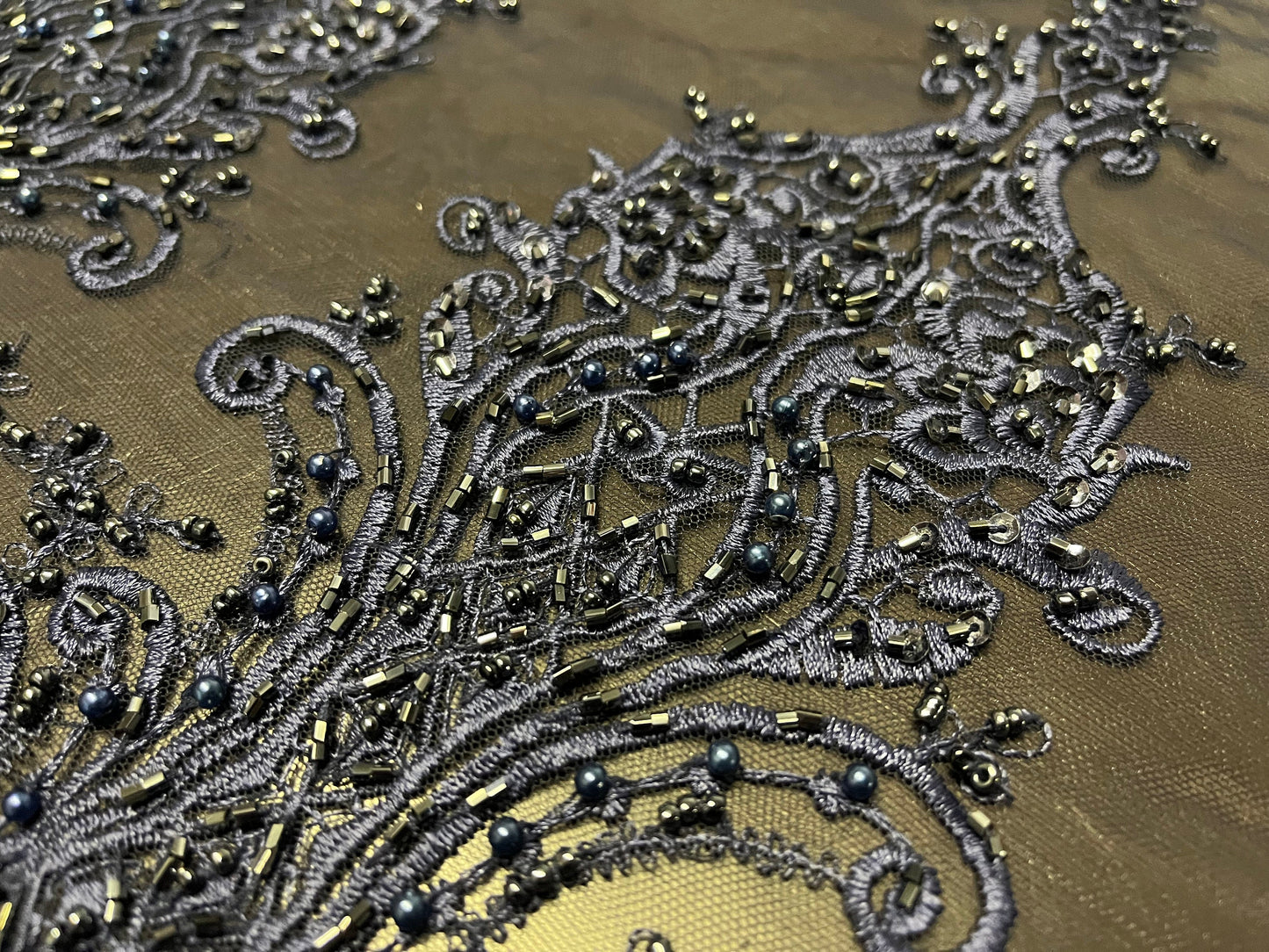 NEW High Class Navy Double Border Damask Embroidered Bead Pearl Sequins Net Trim / Trimming