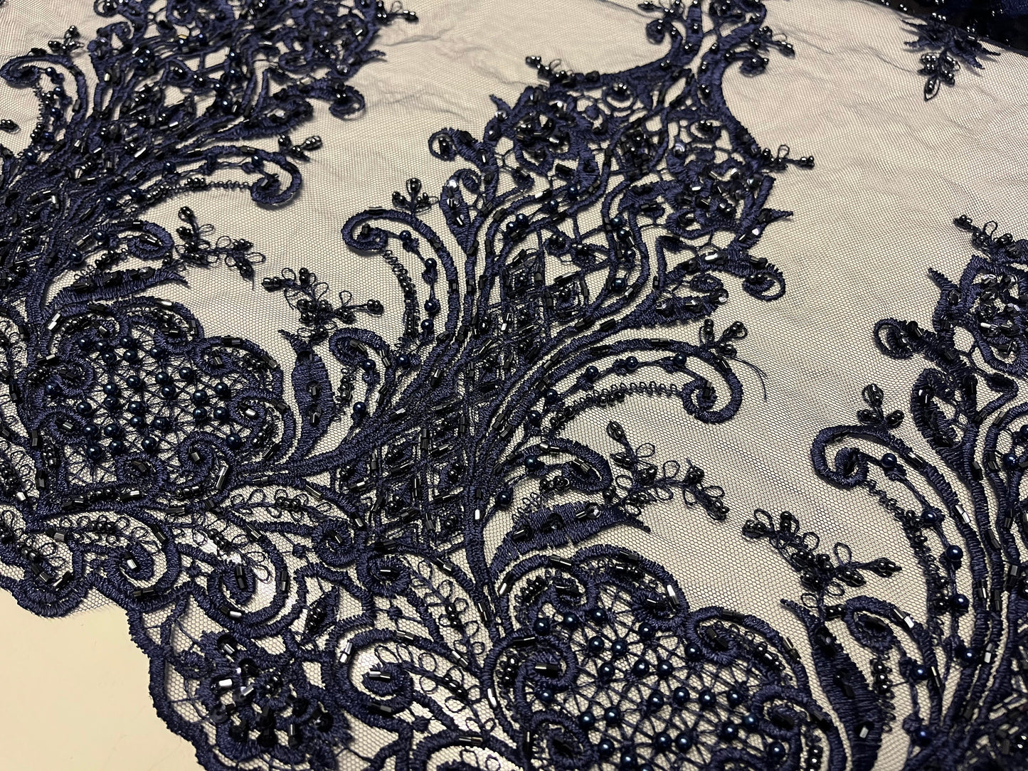 NEW High Class Navy Double Border Damask Embroidered Bead Pearl Sequins Net Trim / Trimming