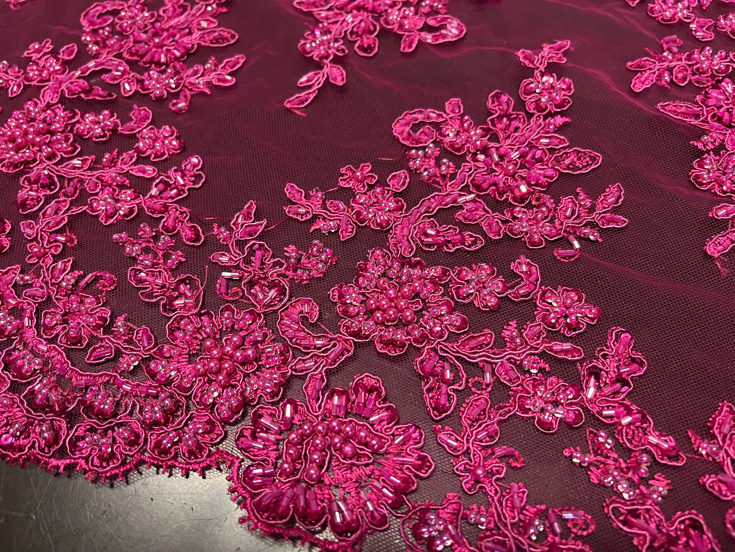 NEW High Class Pink Double Border Embroidered Bead Sequins Pearl Corded Net Trim / Trimming