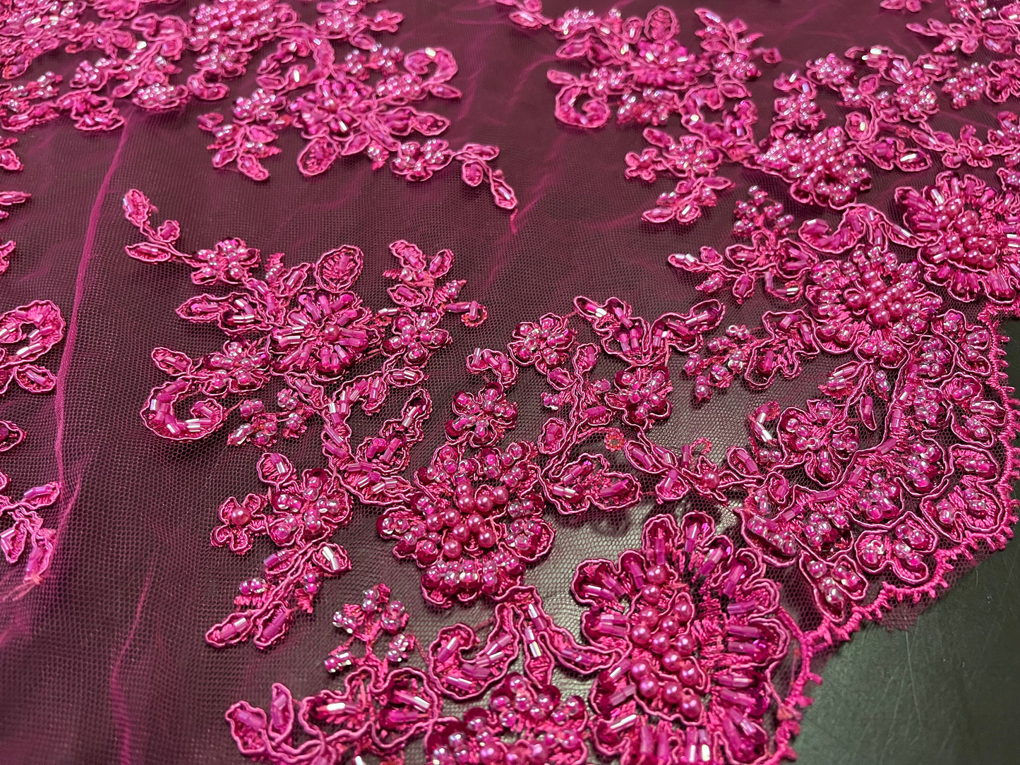 NEW High Class Pink Double Border Embroidered Bead Sequins Pearl Corded Net Trim / Trimming