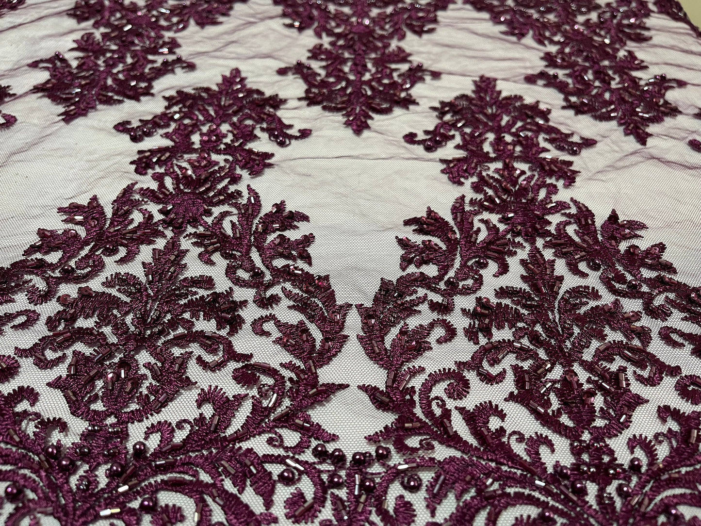 NEW High Class Double Border Damask Plum Embroidered Bead Pearl Sequins Net Trim / Trimming