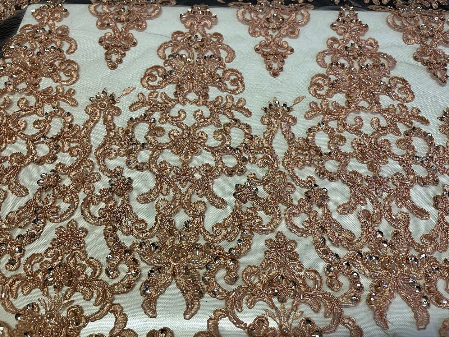NEW High Class Double Border Damask Embroidered Bead Pearl Sequins Corded Net Trim / Trimming