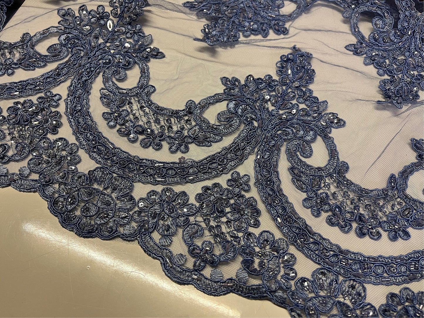 NEW High Class Double Border Embroidered Bead Sequins Corded Net Trim / Trimming