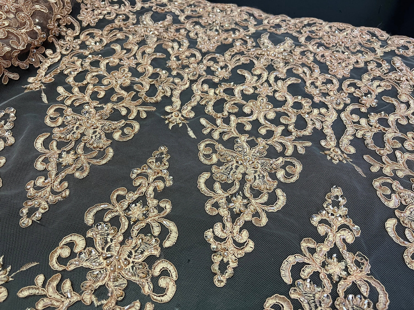 NEW High Class Double Border Damask Embroidered Bead Pearl Sequins Corded Net Trim / Trimming