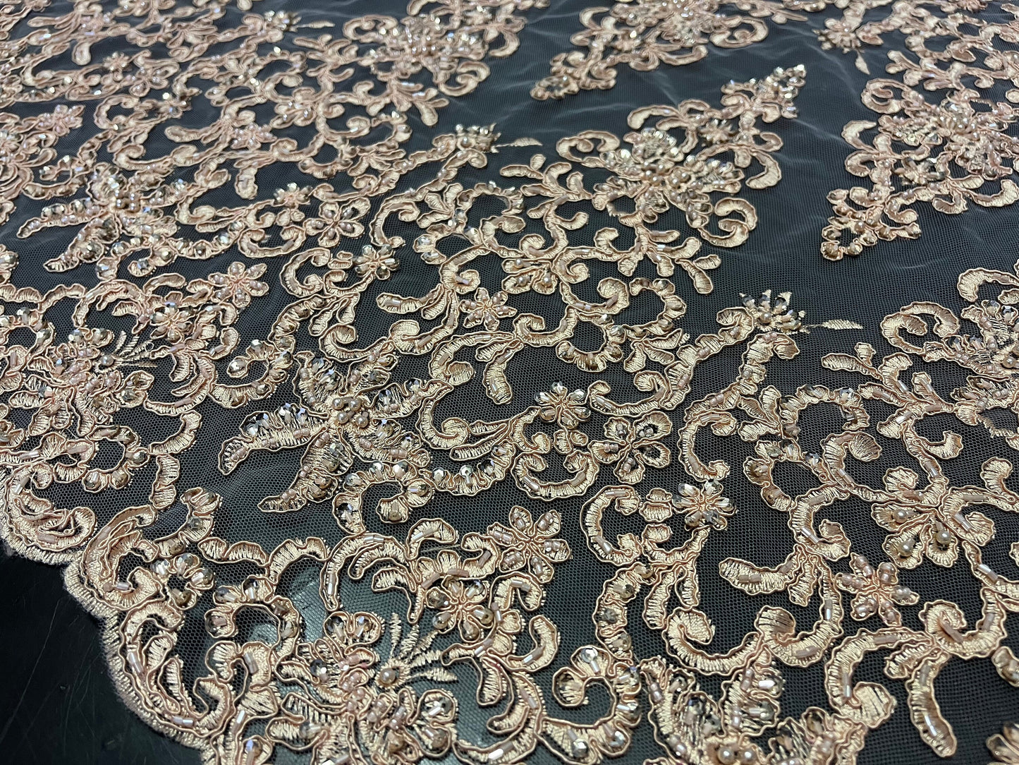 NEW High Class Double Border Damask Embroidered Bead Pearl Sequins Corded Net Trim / Trimming