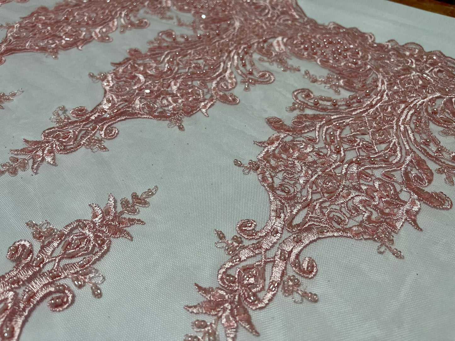 NEW High Class Double Border Damask Baby Pink Embroidered Bead Pearl Sequins Net Trim / Trimming