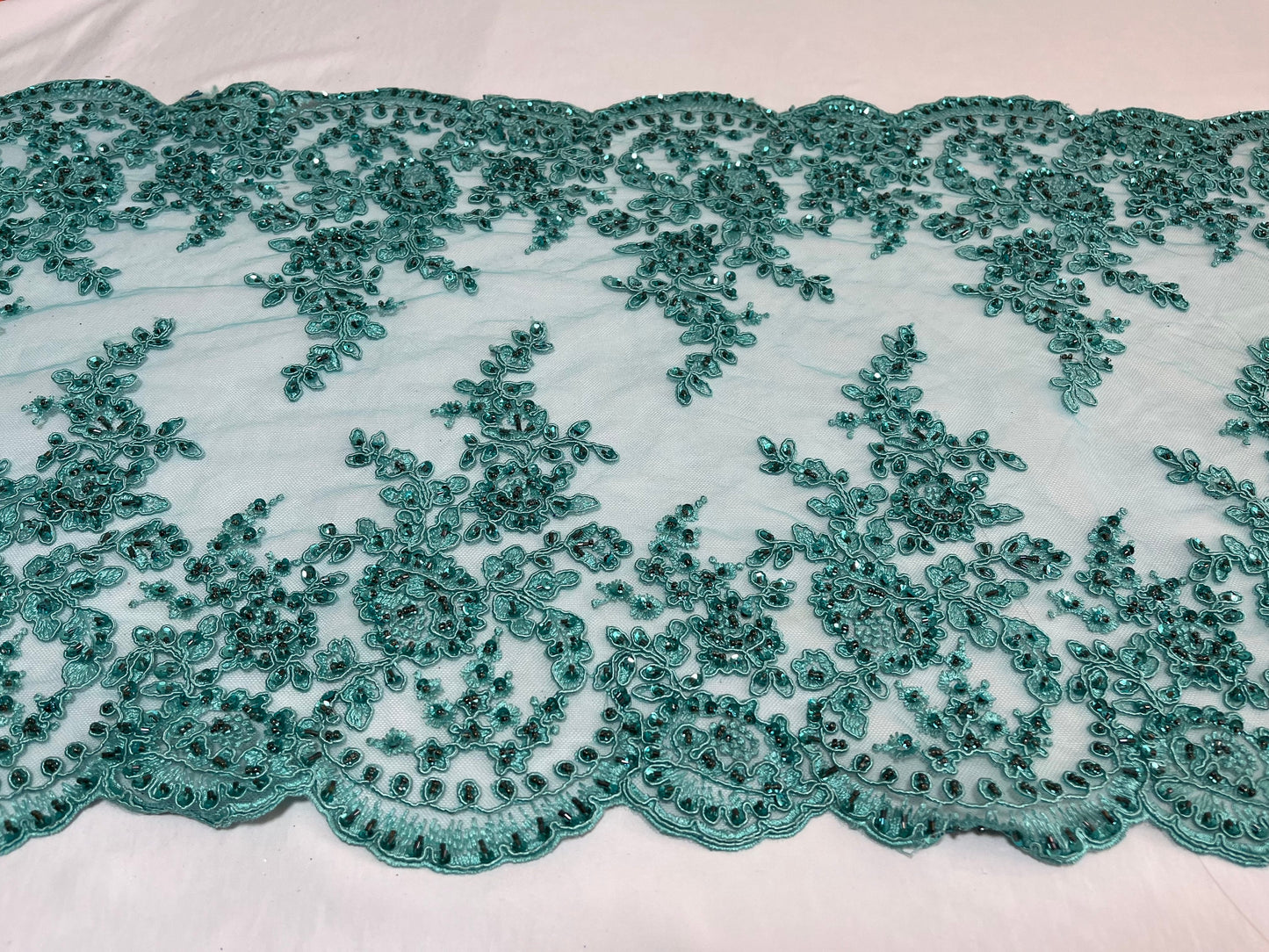 NEW High Class Double Border Floral Embroidered Bead Sequins Corded Net Trim / Trimming