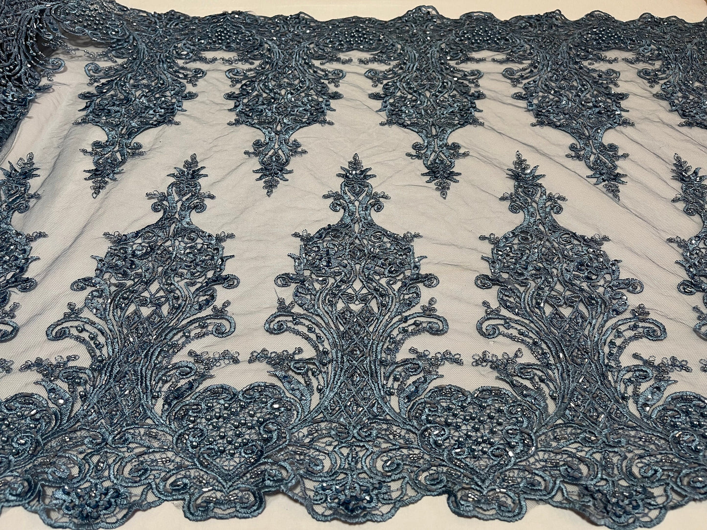 NEW High Class Double Border Damask Embroidered Bead Pearl Sequins Net Trim / Trimming
