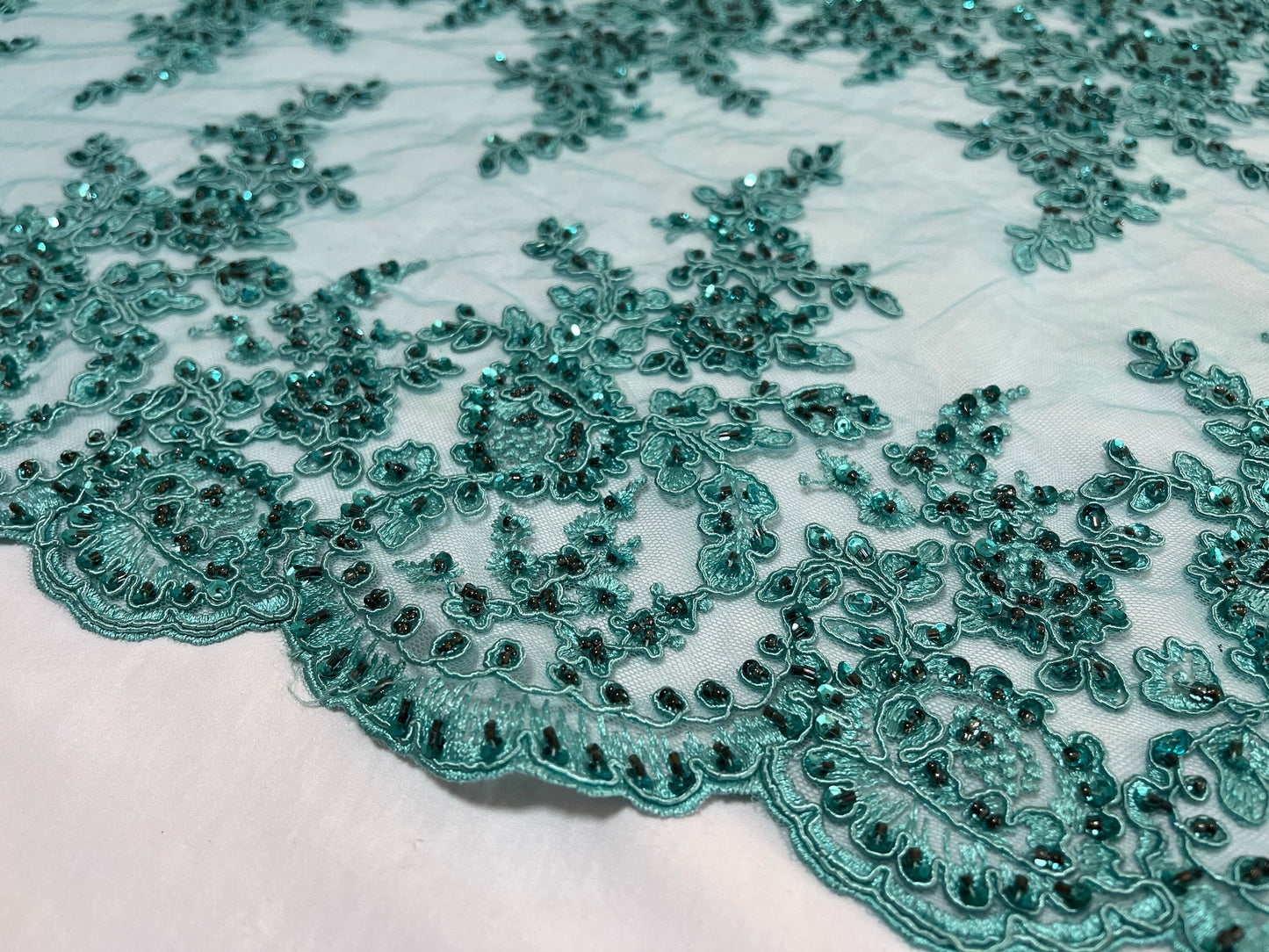 NEW High Class Double Border Floral Embroidered Bead Sequins Corded Net Trim / Trimming