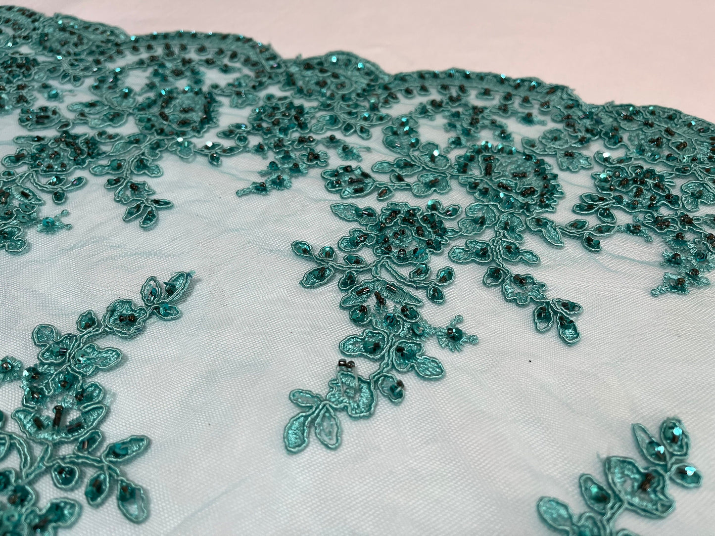 NEW High Class Double Border Floral Embroidered Bead Sequins Corded Net Trim / Trimming