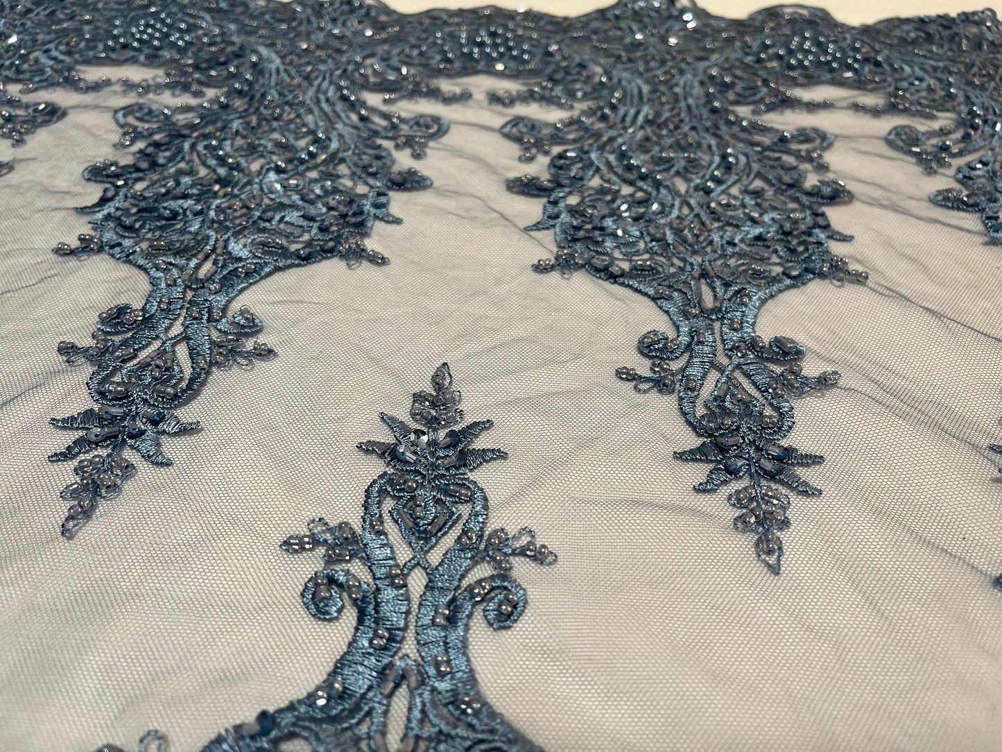 NEW High Class Double Border Damask Embroidered Bead Pearl Sequins Net Trim / Trimming