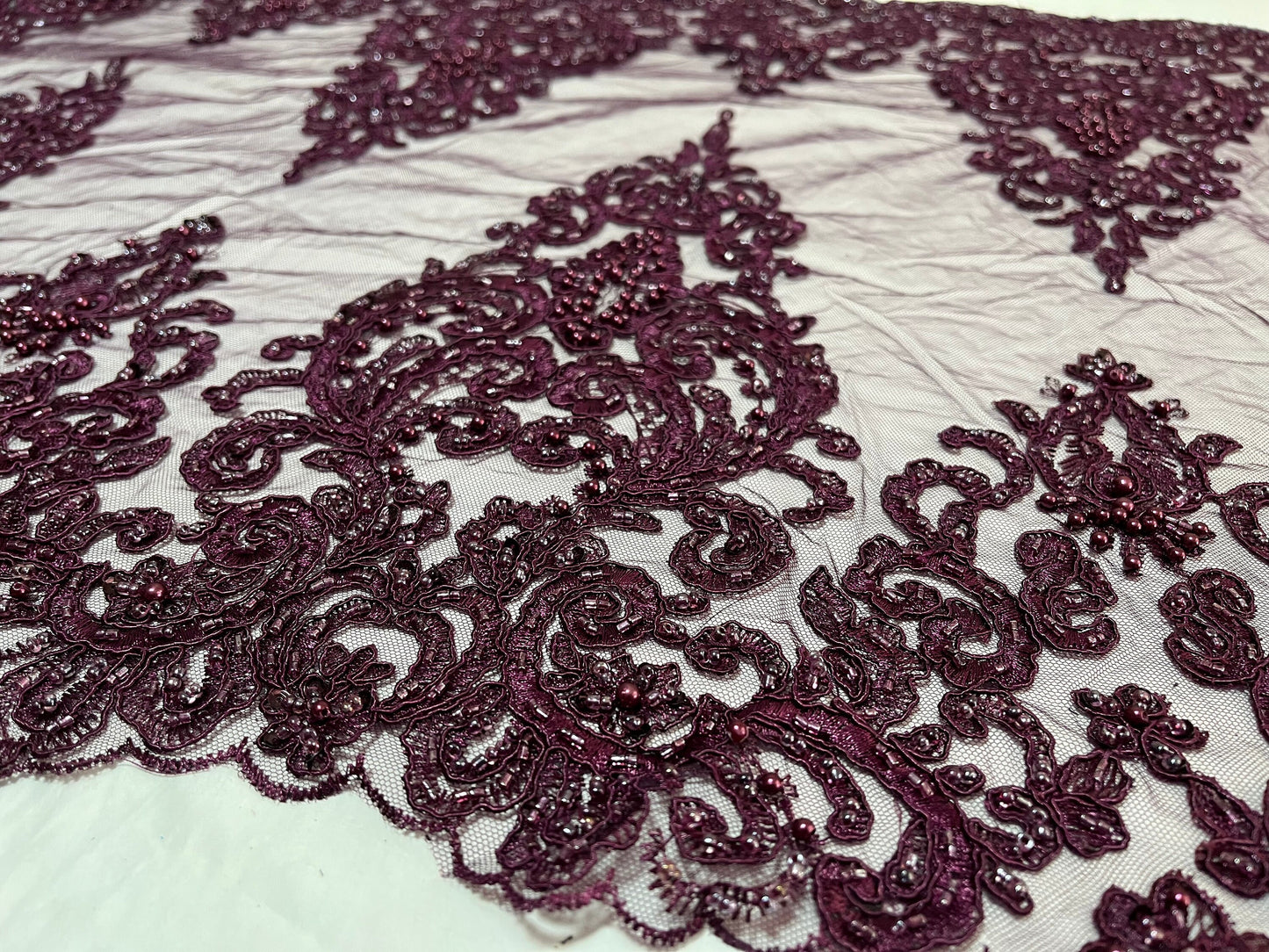 NEW High Class Double Border Damask Plum Embroidered Bead Pearl Sequins Corded Net Trim / Trimming