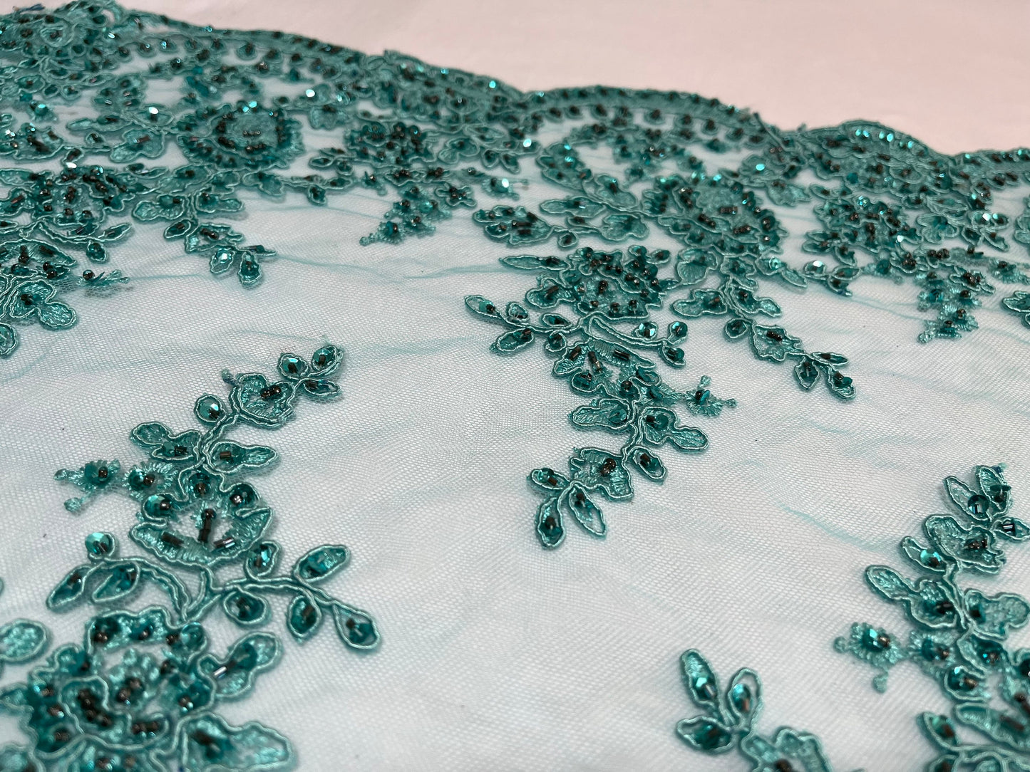 NEW High Class Double Border Floral Embroidered Bead Sequins Corded Net Trim / Trimming