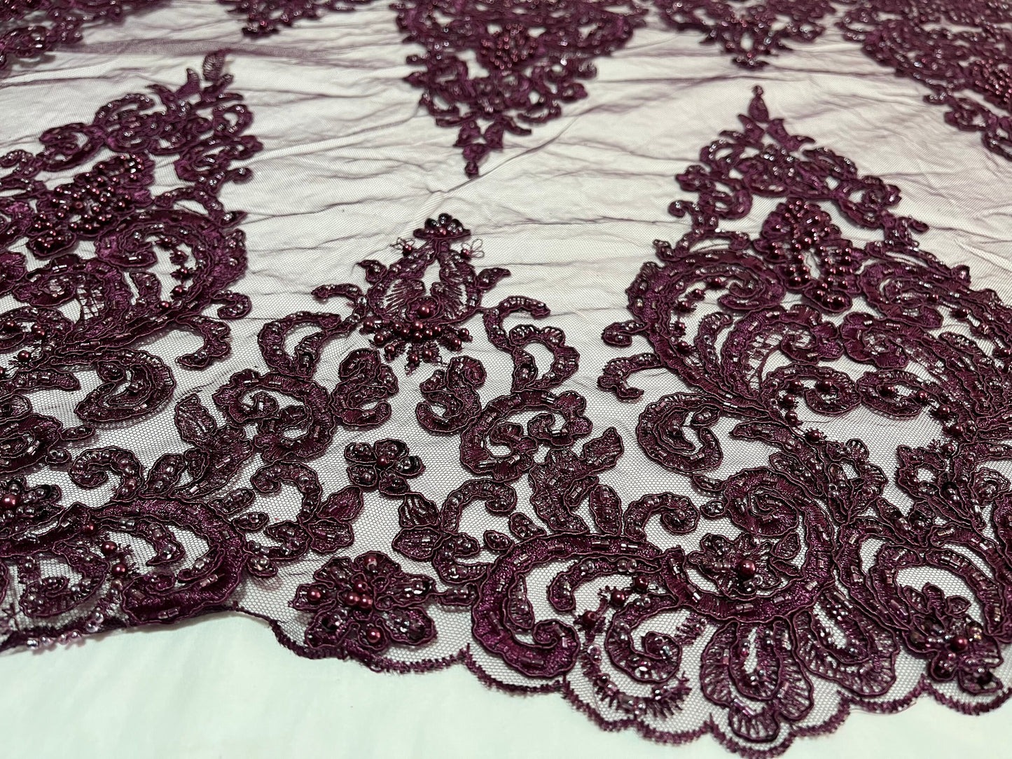 NEW High Class Double Border Damask Plum Embroidered Bead Pearl Sequins Corded Net Trim / Trimming