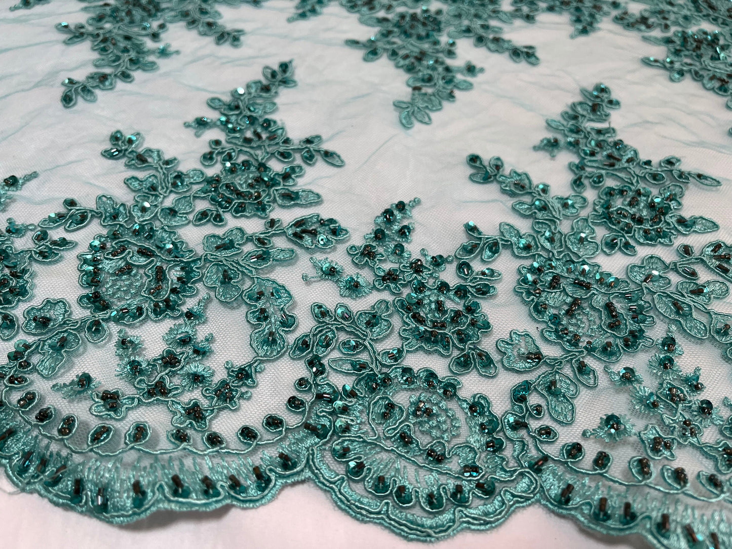NEW High Class Double Border Floral Embroidered Bead Sequins Corded Net Trim / Trimming
