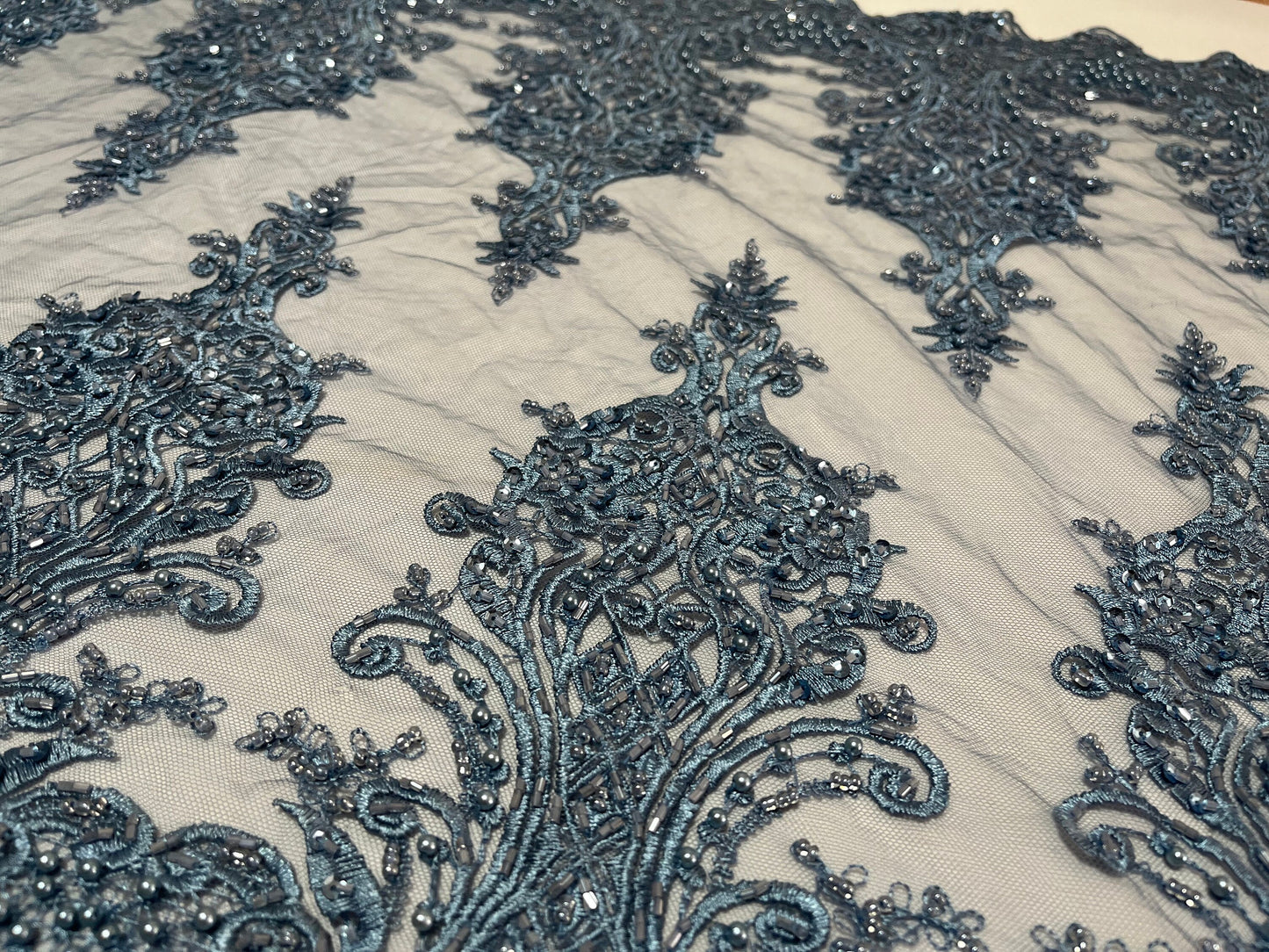 NEW High Class Double Border Damask Embroidered Bead Pearl Sequins Net Trim / Trimming