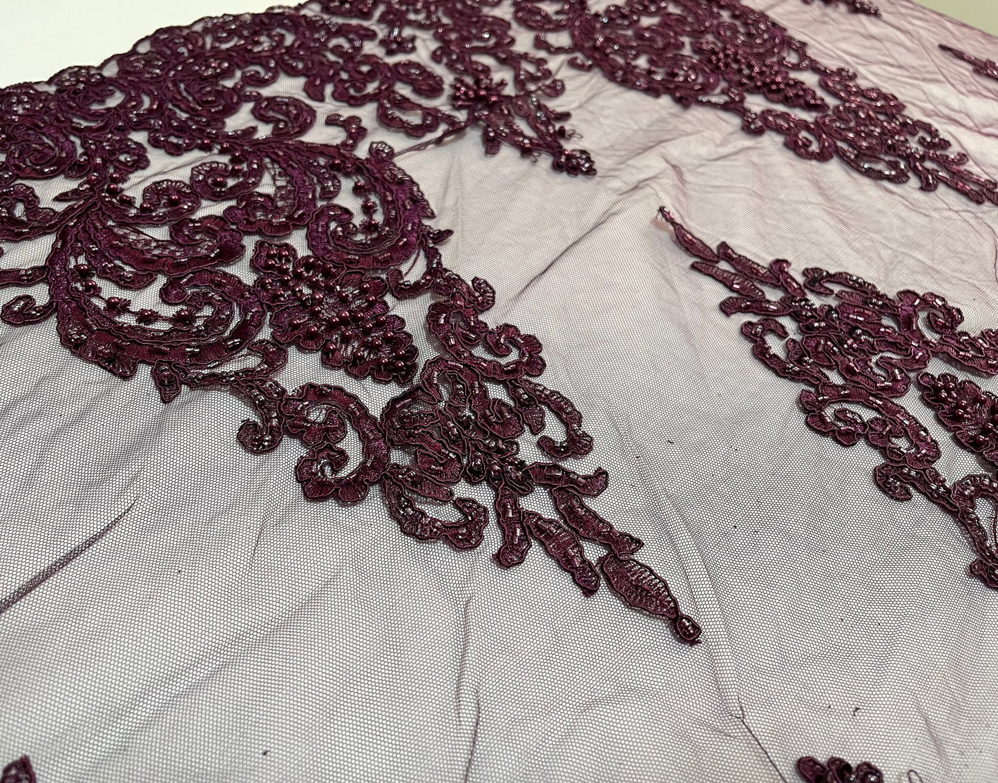 NEW High Class Double Border Damask Plum Embroidered Bead Pearl Sequins Corded Net Trim / Trimming