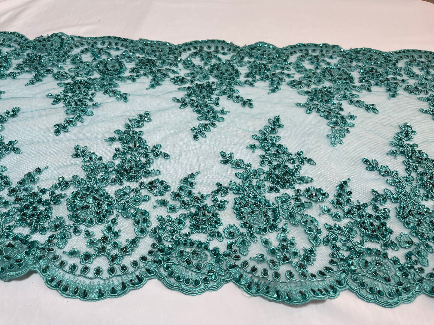 NEW High Class Double Border Floral Embroidered Bead Sequins Corded Net Trim / Trimming