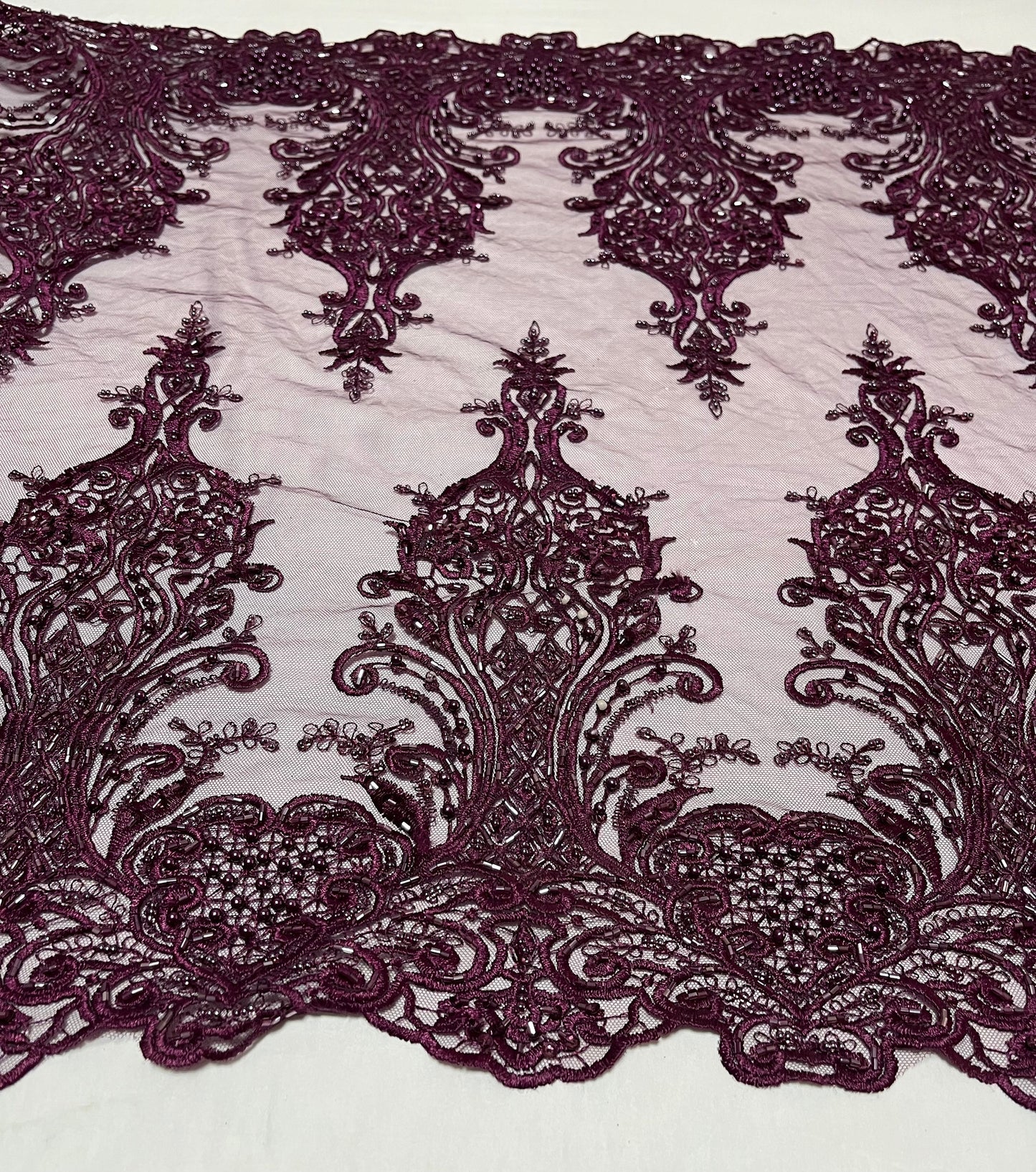 NEW High Class Double Border Damask Plum Embroidered Bead Pearl Sequins Net Trim / Trimming