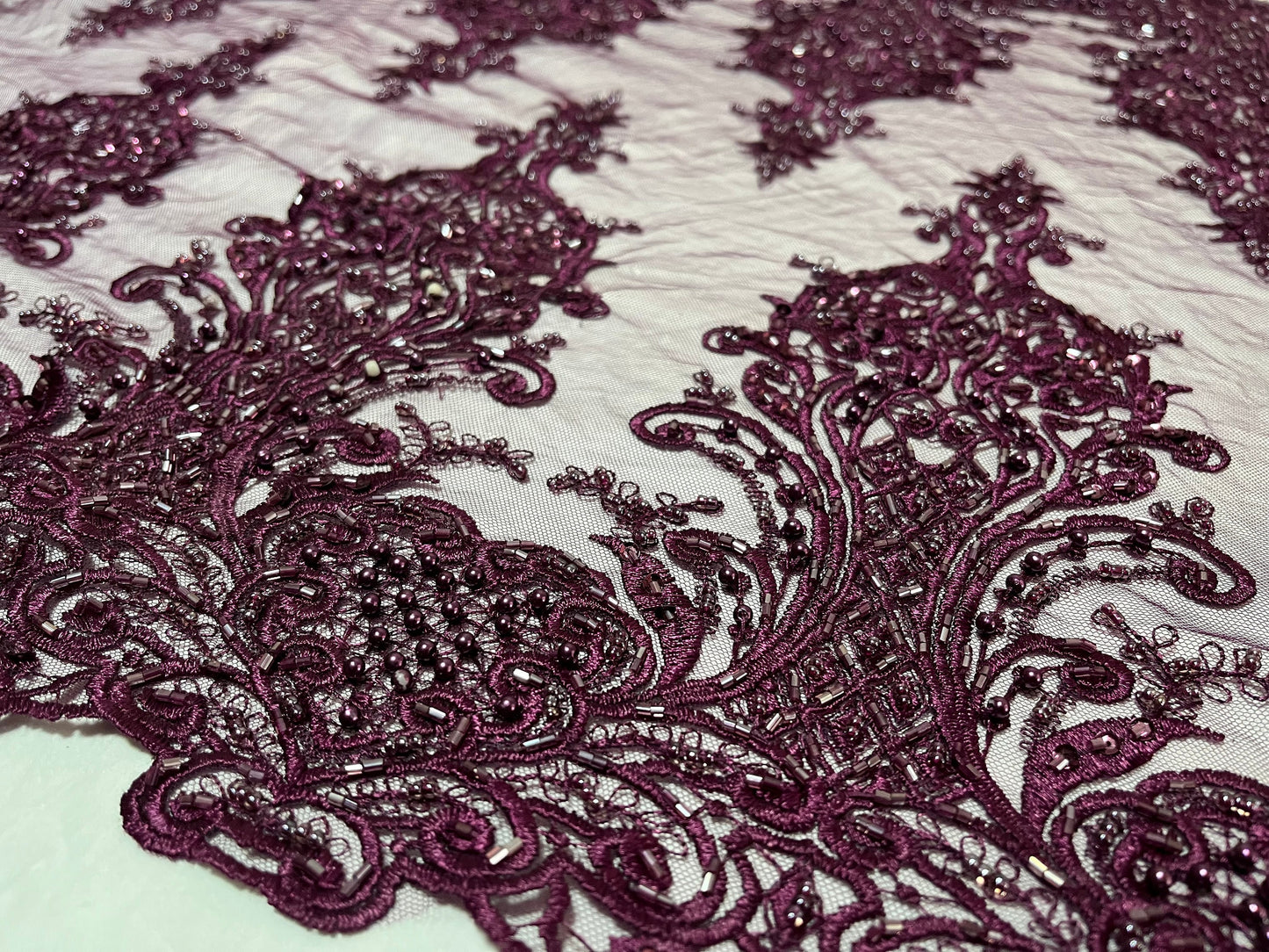 NEW High Class Double Border Damask Plum Embroidered Bead Pearl Sequins Net Trim / Trimming