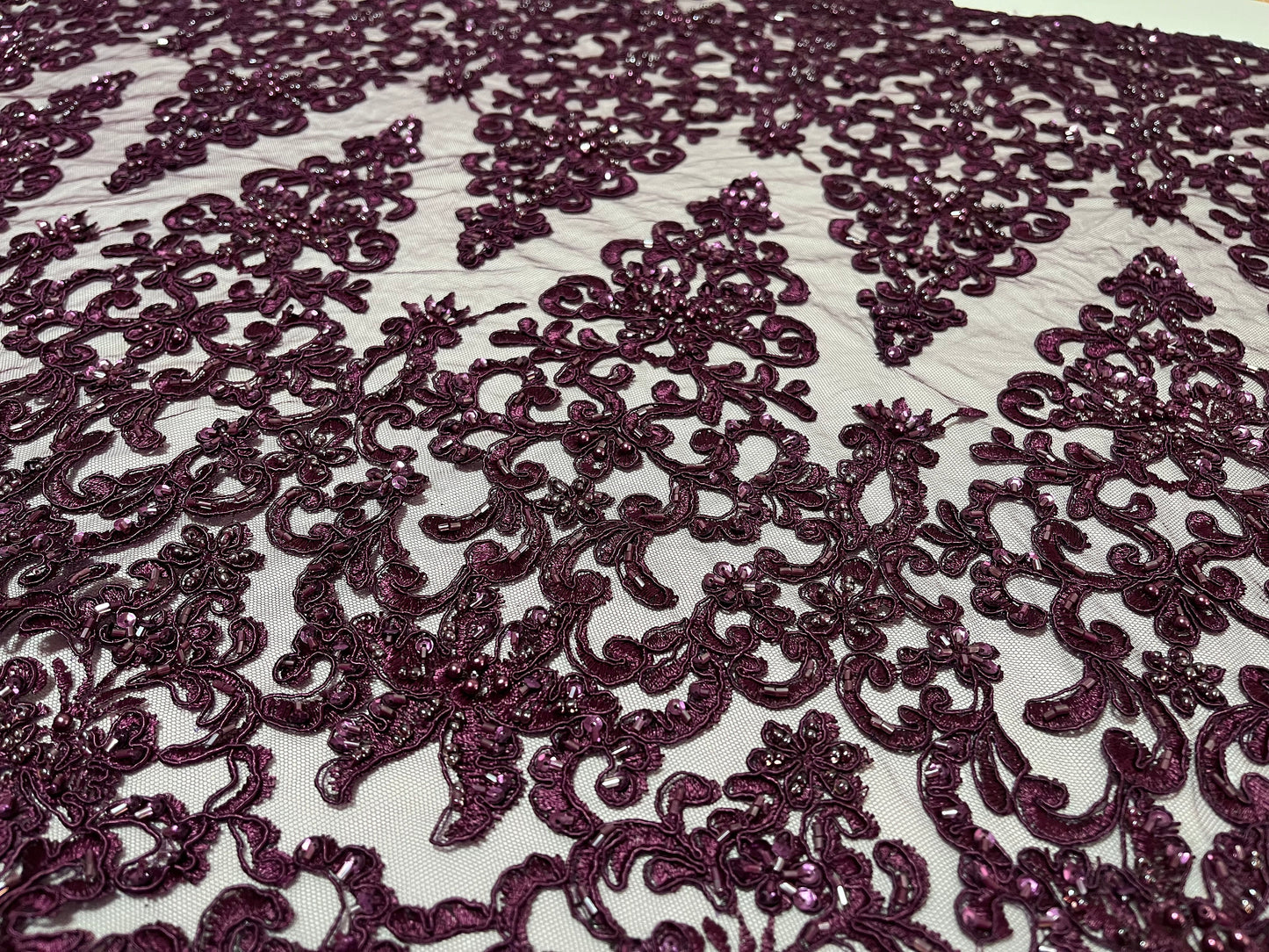 NEW High Class Double Border Damask Plum Embroidered Bead Pearl Sequins Corded Net Trim / Trimming