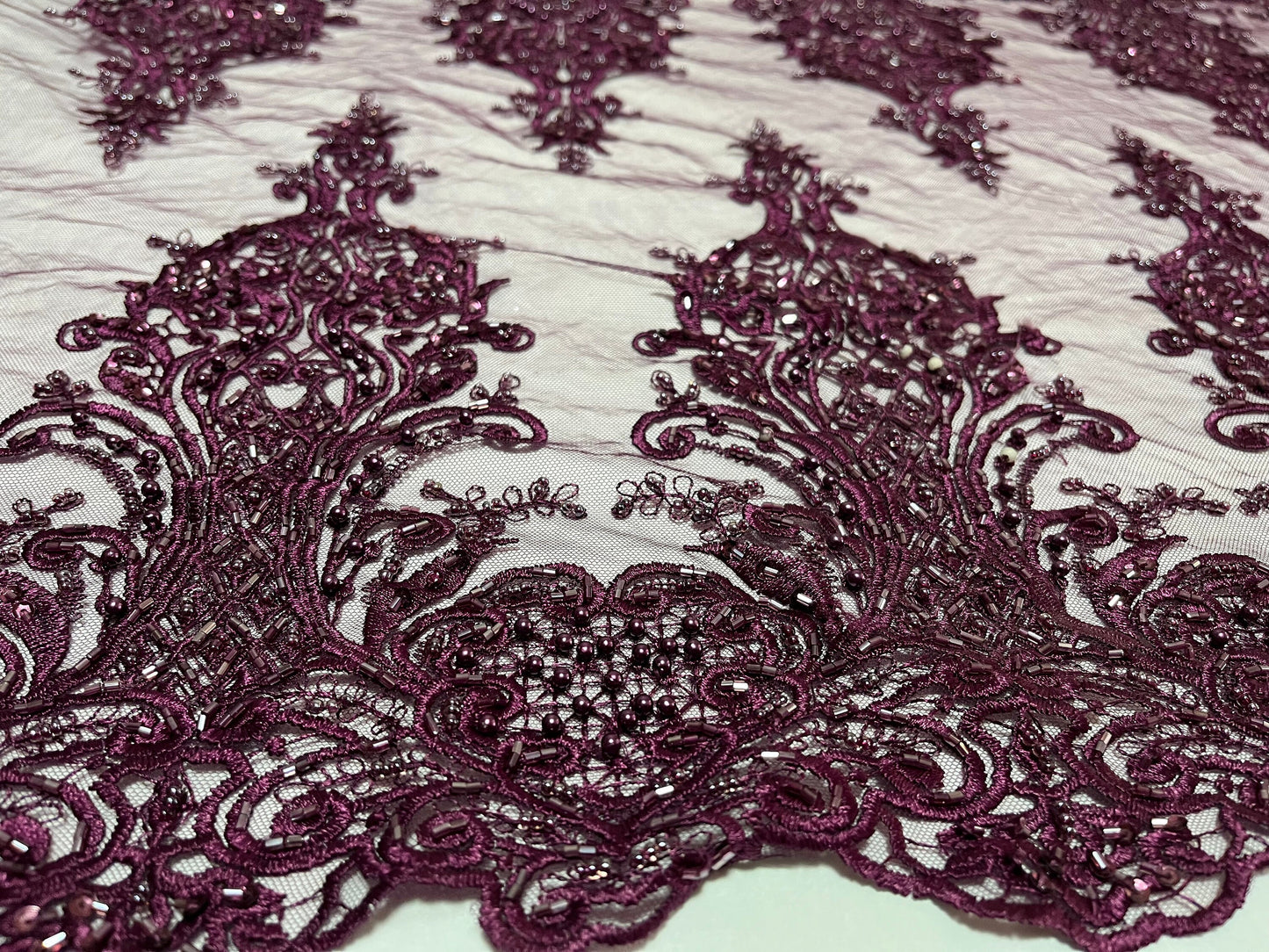 NEW High Class Double Border Damask Plum Embroidered Bead Pearl Sequins Net Trim / Trimming